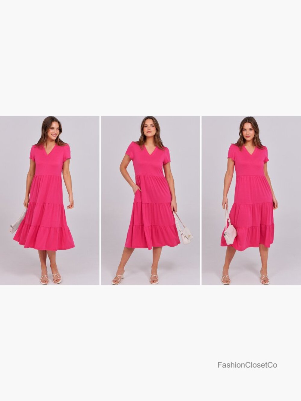 Short Sleeve Midi Dress with Pockets, V-Neck, Tiered, Casual Beach Vacation - Picture 7 of 7
